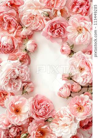 Frame Border bouquet of pink flowers is arranged in a circle on a white background. The flowers are of various sizes and colors, creating a vibrant and lively atmosphere Frame Border bouquet of pink flowers is arranged in a circle on a white background. The flowers are of various sizes and colors, creating a vibrant and lively atmosphere 113449285