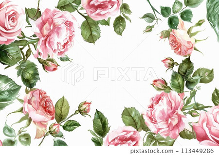 A watercolor painting of pink flowers with green leaves. The flowers are arranged in a circle, with one of them being the largest. The painting has a soft, delicate feel to it A watercolor painting of pink flowers with green leaves. The flowers are arranged in a circle, with one of them being the largest. The painting has a soft, delicate feel to it 113449286