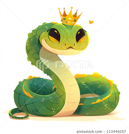 2025 A green snake with a crown on its head. The snake is smiling and he is happy 2025 A green snake with a crown on its head. The snake is smiling and he is happy 113449287