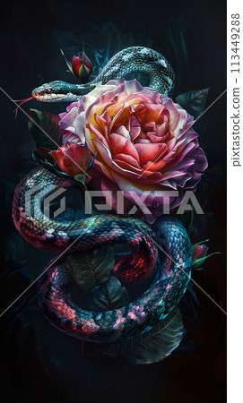 A snake is wrapped around a flower, with the flower being pink. The snake is surrounded by leaves and flowers, giving the impression of a natural scene A snake is wrapped around a flower, with the flower being pink. The snake is surrounded by leaves and flowers, giving the impression of a natural scene 113449288
