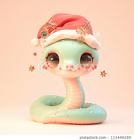 2025 Christmas 3D cartoon snake wearing a red hat and a white snowflake on its head. The snake is smiling and he is happy 113449289