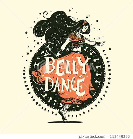 Logo A girl is dancing in a belly dance costume. The word Belly Dance is written in a colorful font 113449293