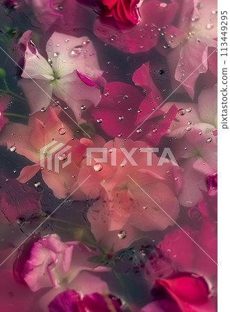 The flowers are a mix of pink and white, and the water is cloudy. Concept of calm and serenity The flowers are a mix of pink and white, and the water is cloudy. Concept of calm and serenity 113449295