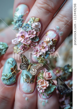 A hand with butterfly nail art. The butterfly is made of gold and green. The hand is wearing a white shirt 113449298