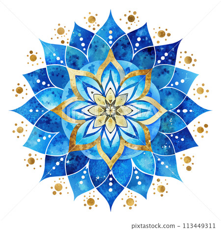 A blue and gold mandala with a white background A blue and gold mandala with a white background 113449311