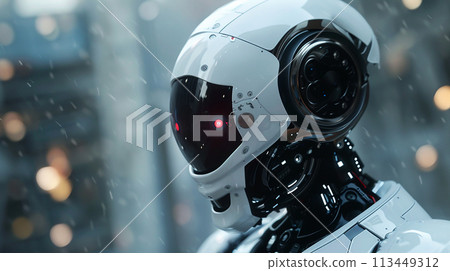 A robot with red eyes and a white helmet. The robot is standing in front of a city A robot with red eyes and a white helmet. The robot is standing in front of a city 113449312