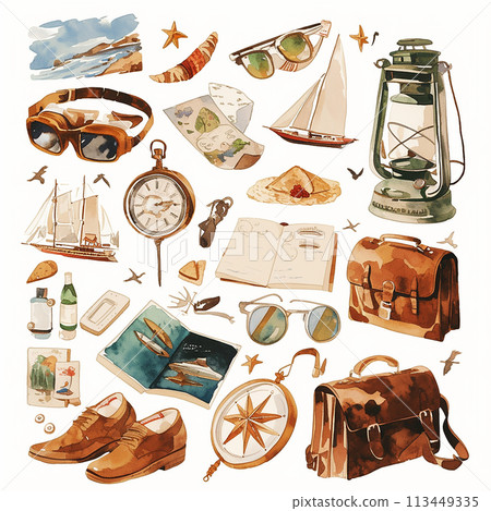 A collection of watercolor illustrations of various travel-related items, including a compass, a suitcase, a boat, and a bird 113449335