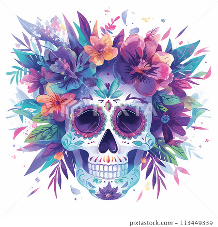 Day of the dead colorful skull with flowers and leaves surrounding it. 113449339