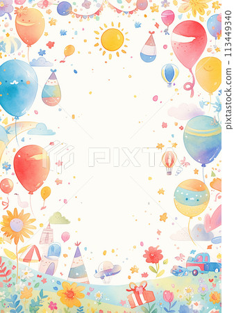 Children's day A colorful frame with a car, boat, and balloons. The frame is white and the balloons are red, yellow, and blue Children's day A colorful frame with a car, boat, and balloons. The frame is white and the balloons are red, yellow, and blue 113449340