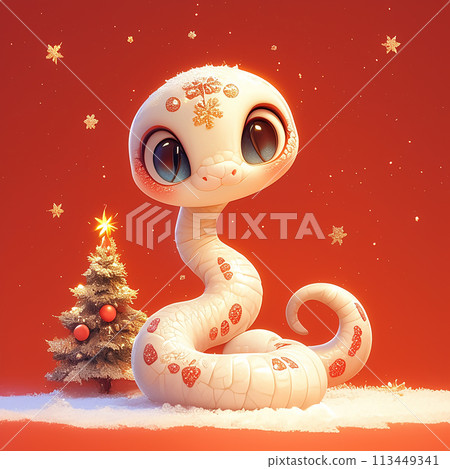 2025 New Year A white snake is sitting in front of a Christmas tree. The tree is decorated with many ornaments, including a star. The scene is festive and cheerful 2025 New Year A white snake is sitting in front of a Christmas tree. The tree is decorated with many ornaments, including a star. The scene is festive and cheerful 113449341