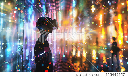 A person is standing in front of a colorful wall with a virtual reality headset on. The scene is set in a futuristic environment with bright lights and a sense of wonder A person is standing in front of a colorful wall with a virtual reality headset on. The scene is set in a futuristic environment with bright lights and a sense of wonder 113449357