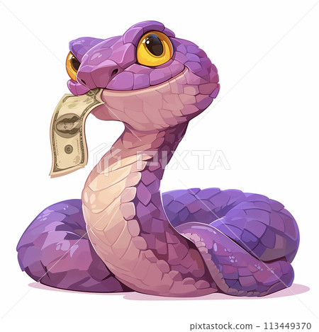 2025 A cartoon snake holding a dollar bill in its mouth. The snake has a happy expression on its face 2025 A cartoon snake holding a dollar bill in its mouth. The snake has a happy expression on its face 113449370