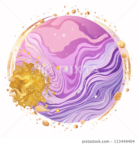 Mauve liquid watercolor background with golden glitter lines round, purple and gold object with a gold rim. The gold rim is slightly raised, giving the object a sense of depth 113449404