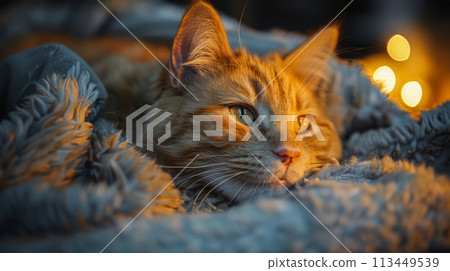 A cat nestles in a snug blanket, the soft lighting accentuating its serene and content state. A cat nestles in a snug blanket, the soft lighting accentuating its serene and content state. 113449539
