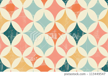 Seamless pattern background, featuring iconic 1960s elements, geometric shapes and pastel colors. Vintage color palette, pastel hues Seamless pattern background, featuring iconic 1960s elements, geometric shapes and pastel colors. Vintage color palette, pastel hues 113449547