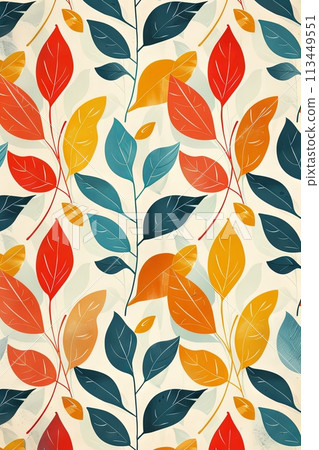 Repeating pattern of colorful leaves. Retro-style design for wallpaper, background, template for cover. Kaleidoscope of colors 113449551