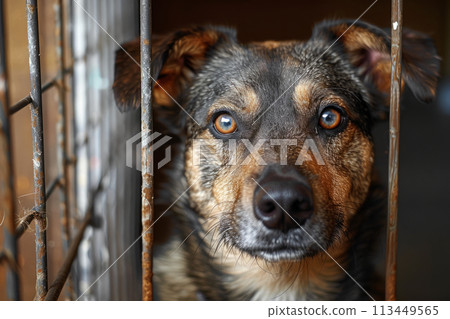 Poignant portrait of a dog with soulful eyes gazing through a shelter cage, a silent plea for love and a permanent home 113449565