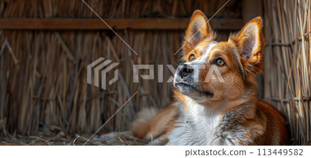 An alert canine with pointed ears looks up, against a straw-covered backdrop, embodying hope and anticipation in a dog shelter setting. An alert canine with pointed ears looks up, against a straw-covered backdrop, embodying hope and anticipation in a dog shelter setting. 113449582