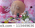 Flower water fountain at Japanese shrine 113449636