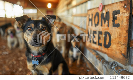 Attentive black and tan dog in a shelter with a poignant 'Home Needed' sign in the background, highlighting the need for adoption. 113449682