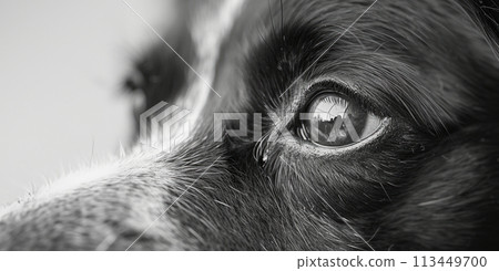 Detailed black and white snapshot of a dog's face, focusing on the expressive eyes and fur texture Detailed black and white snapshot of a dog's face, focusing on the expressive eyes and fur texture 113449700