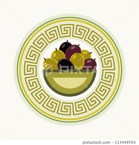 Circular composition with Greek meander ornament, full bowl of olive berries. For branding, decoration of food package, decorative print for kitchen 113449703