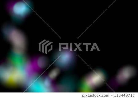 Dynamic lens flare and rainbow prism effect on black background. Colorful, blurred lights. Holographic reflection. Abstract, multicolor overlay effect. Color gradient, y2k style. 3D render. 113449715