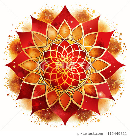 A red and white mandala with a golden yellow colors 113449811