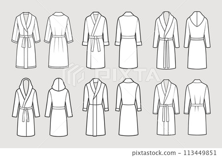 Set of bathrobes for men. Front and back views. Hand drawn illustration, sketch. Vector Set of bathrobes for men. Front and back views. Hand drawn illustration, sketch. Vector 113449851