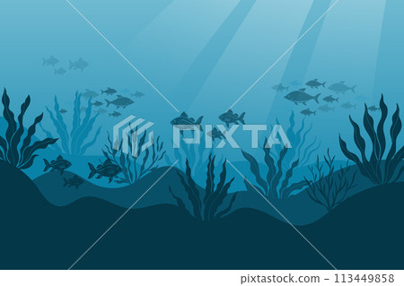 Underwater ocean landscape, algae and reefs, silhouette of a school of fish. Seabed background with ocean flora and fauna, corals, silhouettes of sea animals. Vector 113449858