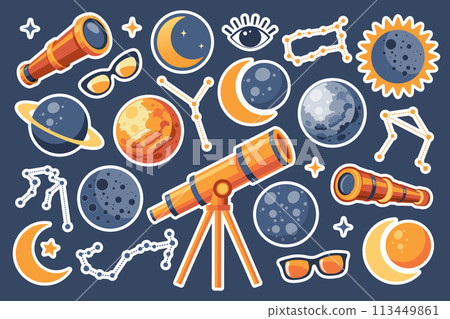 Solar eclipse set. Telescope, spyglass, planets, solar eclipse, moon, glasses. Cute illustration for kids education at school, stickers, scrapbooking, nursery room. Vector 113449861