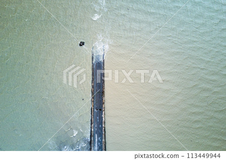 Aerial view of the Passage du Gois submerged by high tide Aerial view of the Passage du Gois submerged by high tide 113449944