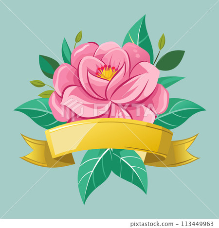 A pink flower with green leaves and a yellow ribbon A pink flower with green leaves and a yellow ribbon 113449963