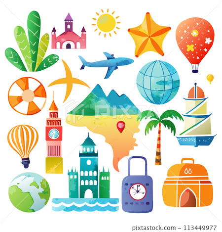 A collection of colorful illustrations of various modes of transportation and landmarks from around the world. Scene is one of adventure and exploration 113449977