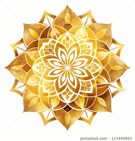 A gold and yellow mandala with a lot of detail 113449993