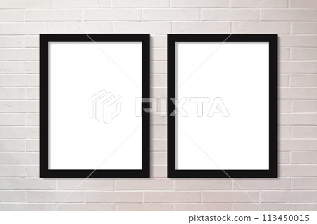 Brick wall painted in white two vertical picture frames 113450015