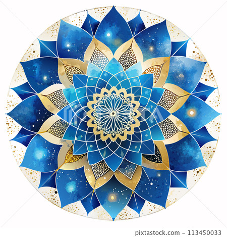 A blue and gold mandala with a white background A blue and gold mandala with a white background 113450033