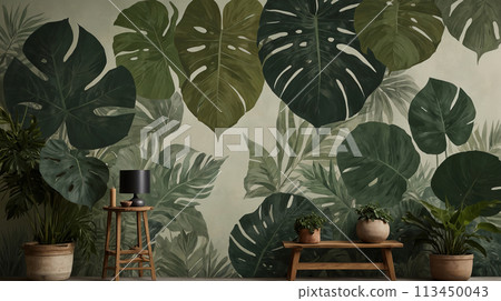 Dark botanical background from green big smooth leaves, green tropical. Generative AI 113450043
