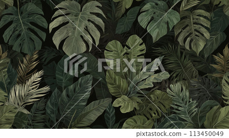 Dark botanical background from green big smooth leaves, green tropical. Generative AI Dark botanical background from green big smooth leaves, green tropical. Generative AI 113450049
