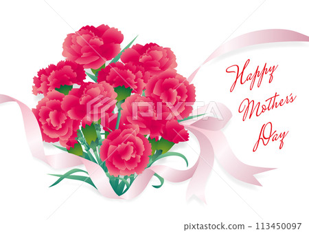 母親節紅色康乃馨花束和粉紅絲帶的向量圖解 113450097