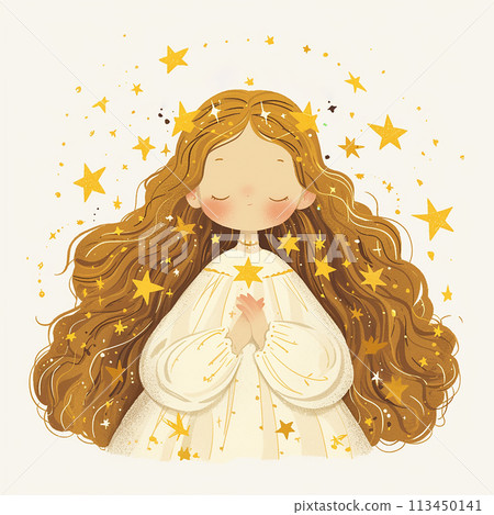 ZODIAC SIGN VIRGO A girl with long hair is surrounded by a lot of stars. She is praying and looking up at the stars 113450141