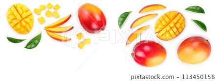 Mango fruit and half with slices isolated on white background with copy space for your text. Set or collection. Top view. Flat lay 113450158