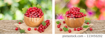 Red currant berries in wooden bowl on wooden table with blurry garden background Red currant berries in wooden bowl on wooden table with blurry garden background 113450202