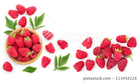 raspberries in wooden bowl with leaves isolated on white background with copy space for your text. Top view. Flat lay pattern raspberries in wooden bowl with leaves isolated on white background with copy space for your text. Top view. Flat lay pattern 113450228
