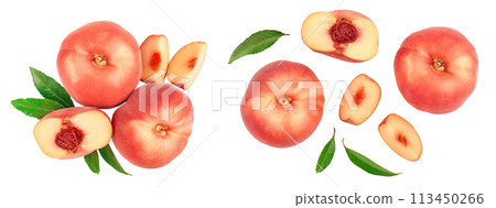 Ripe chinese flat peach fruit and half with leaf isolated on white background. Top view. Flat lay 113450266