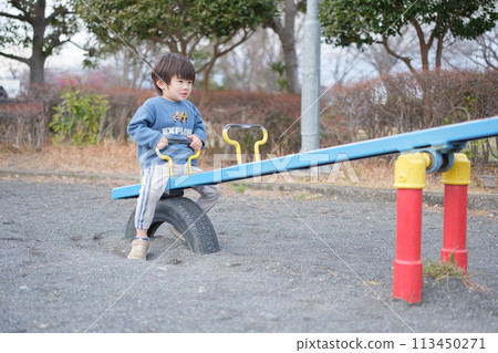 Boy playing with seesaw Boy playing with seesaw 113450271