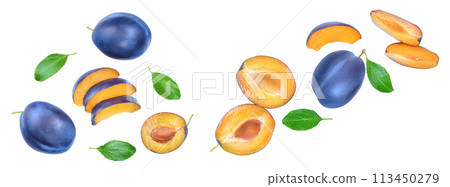 fresh blue plum and half with leaves isolated on white background. Top view. Flat lay fresh blue plum and half with leaves isolated on white background. Top view. Flat lay 113450279