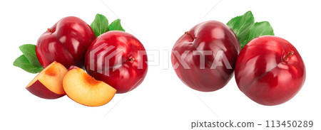 fresh red plum and slice with leaves isolated on white background 113450289