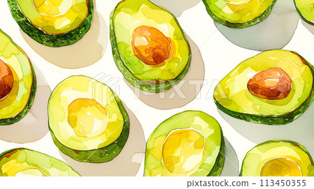 Watercolor illustration of many cut avocados on white background 113450355