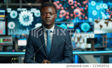 Serious News Anchor Ready for Evening Broadcast Serious News Anchor Ready for Evening Broadcast 113450552